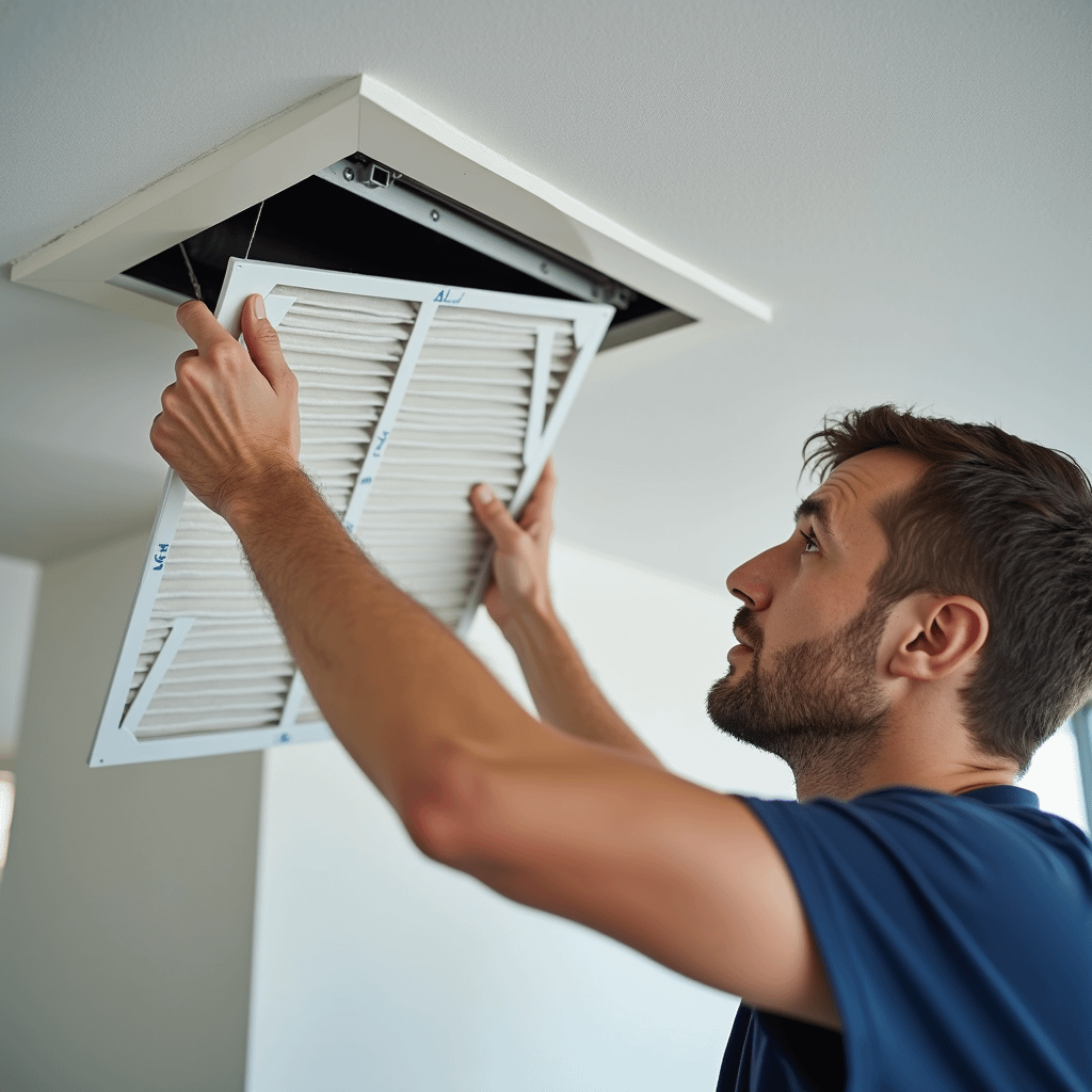 Stock photograph of a man replacing an air filter.