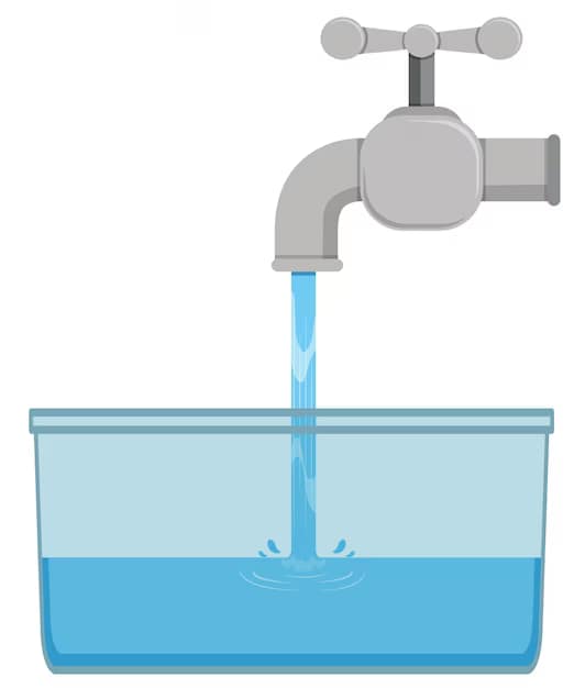 A faucet filling up a bucket with water that is half full