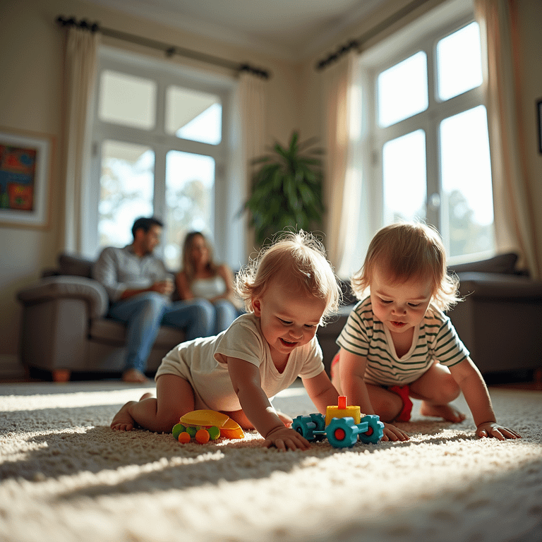 2 toddlers playing on the carpet in a fresh house.