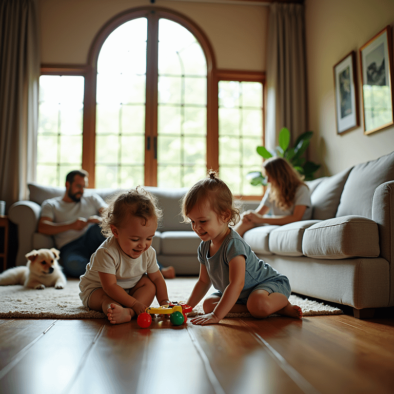Family relaxing in a clean house