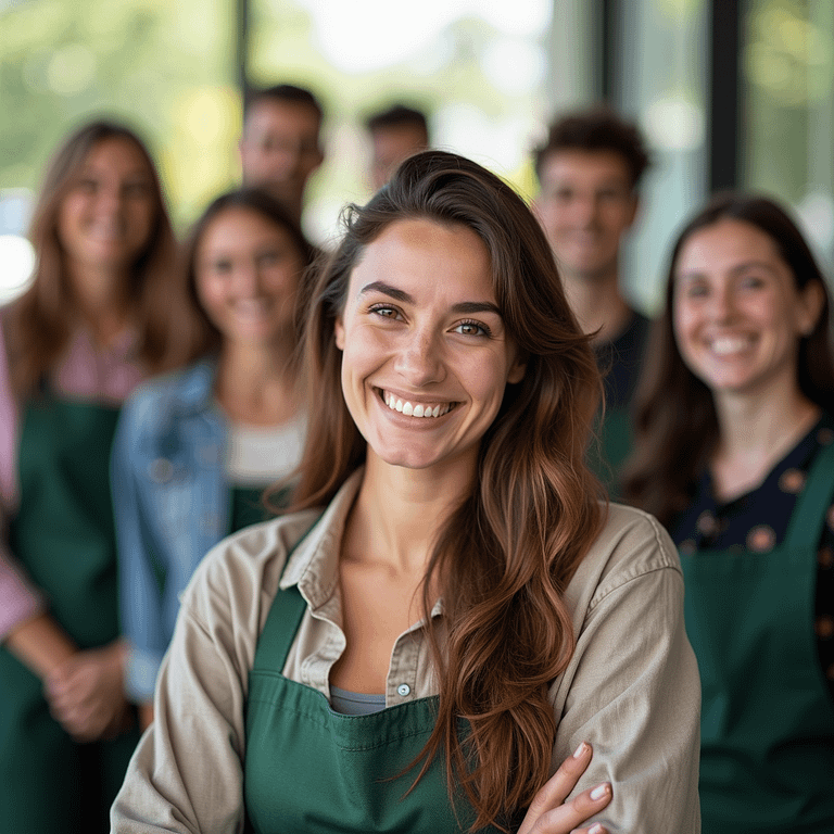 Aura Employee smiles as she is engaging in community service