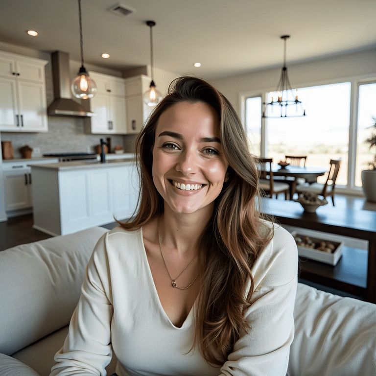 A Utah woman sitting on a couch smiling at the photographer. Her house has been freshly cleaned by Aura, In the background you can see the freshly cleaned and well cared for kitchen and dining room.
