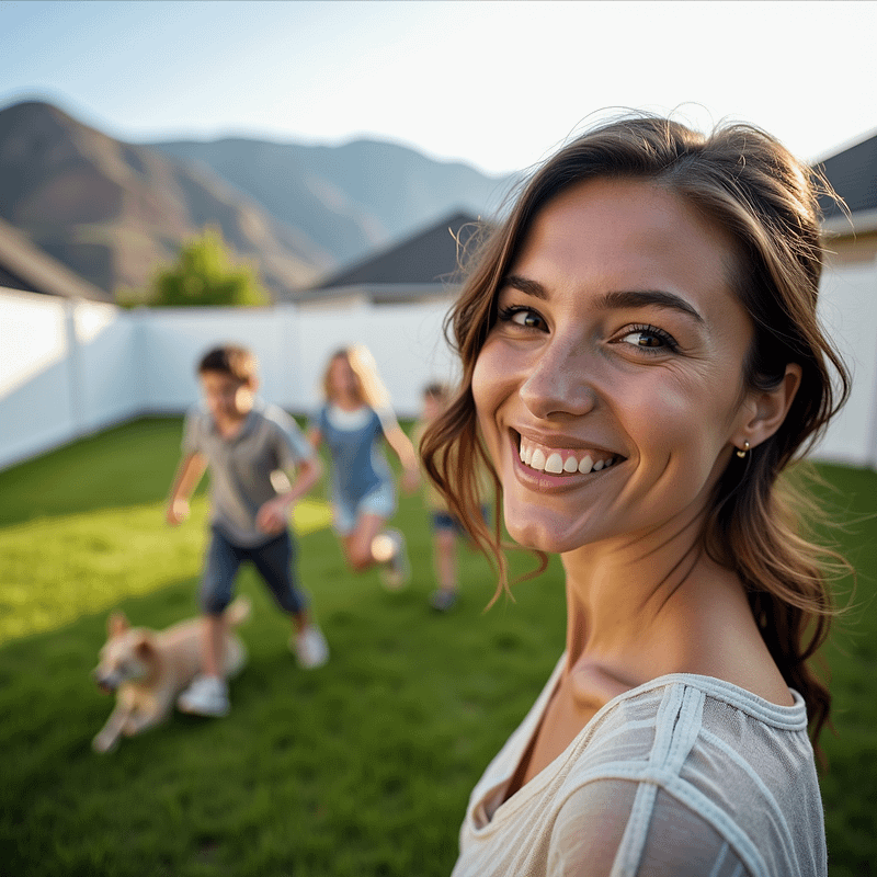 Utah family enjoying time in their backyard with a freshly repaired vinyl fence.