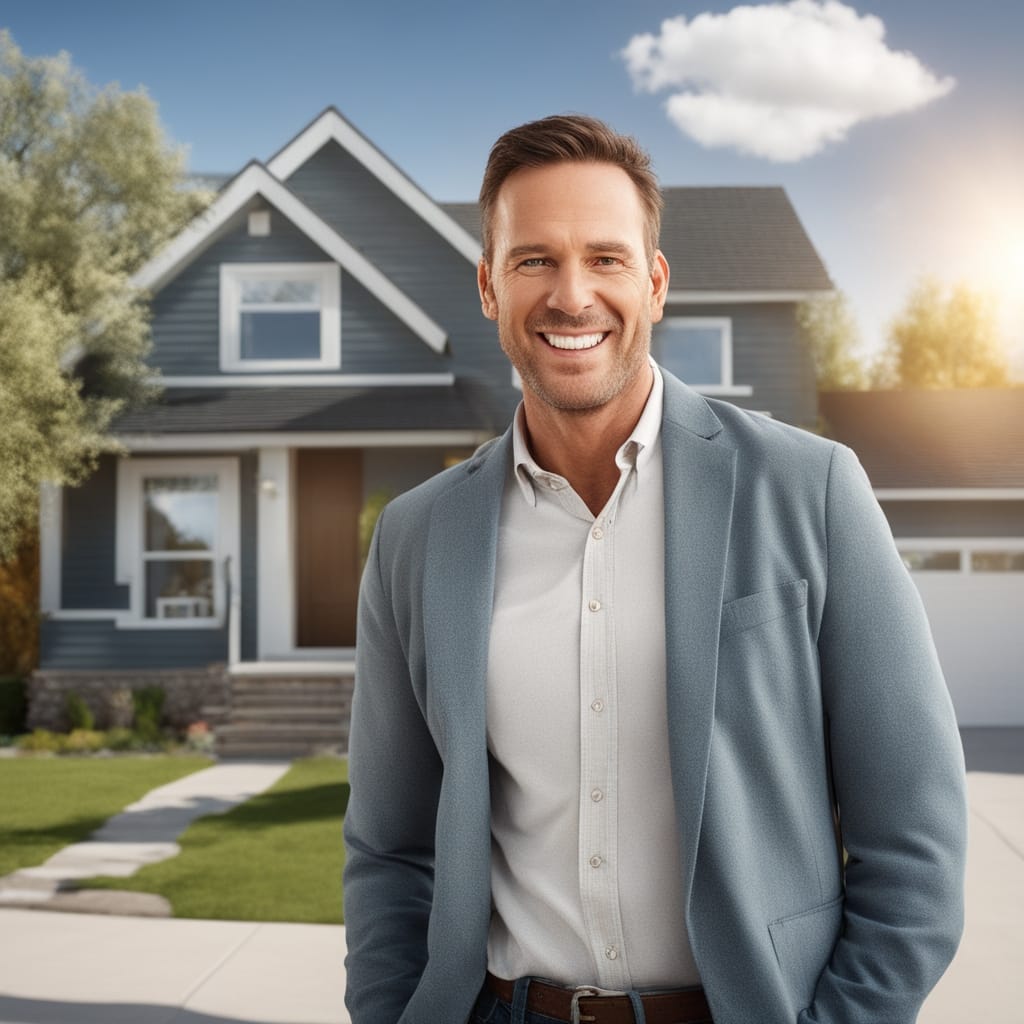 An image of a happy customer standing in front of a distressed house from Alta Utah.