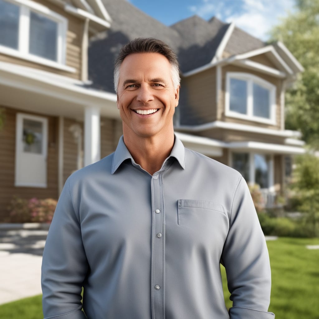 An image of a happy customer standing in front of a distressed house from Brighton Utah.
