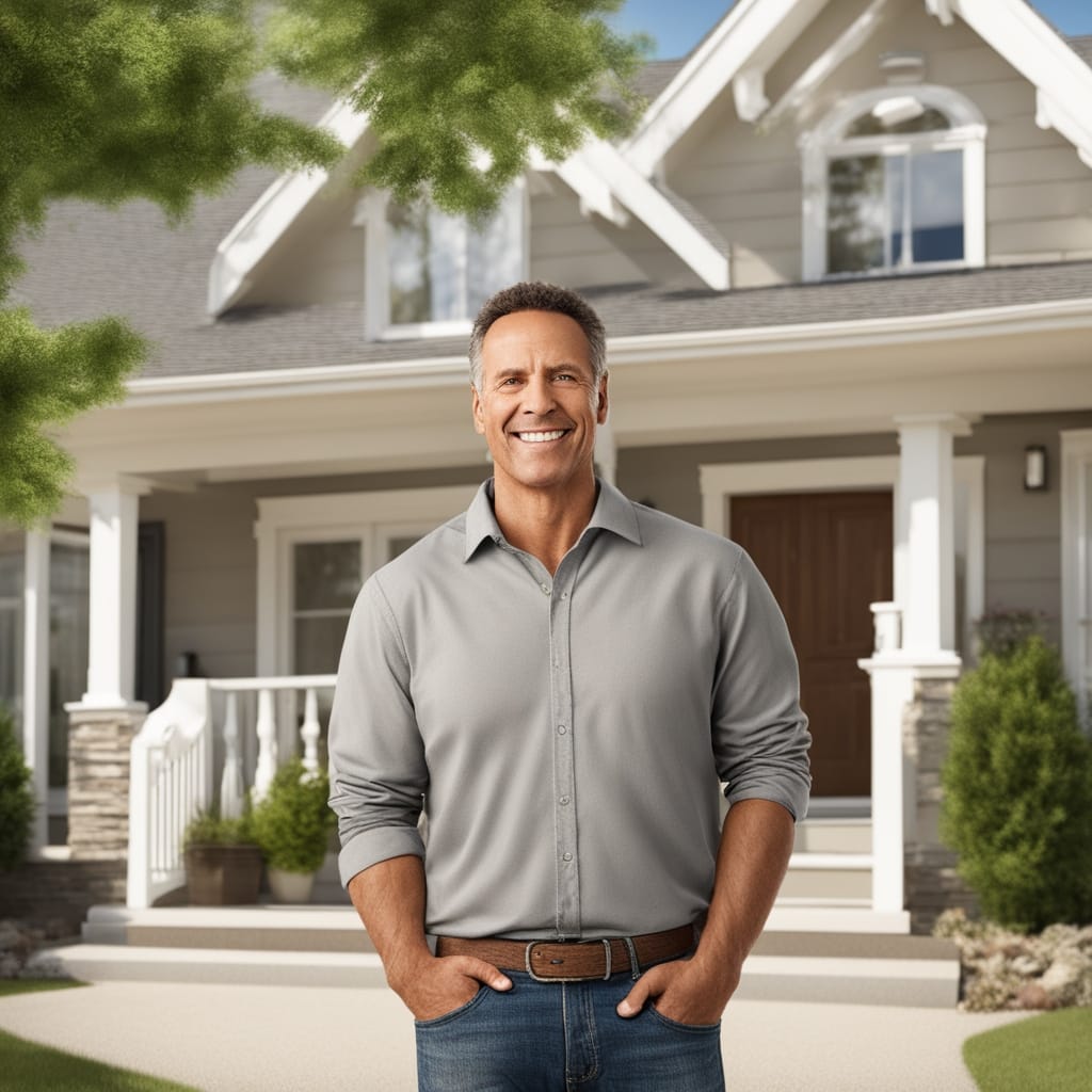 An image of a happy customer standing in front of a distressed house from Copperton Utah.
