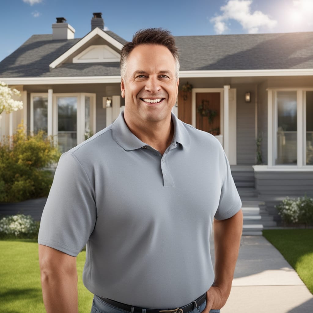 An image of a happy customer standing in front of a distressed house from Draper Utah.