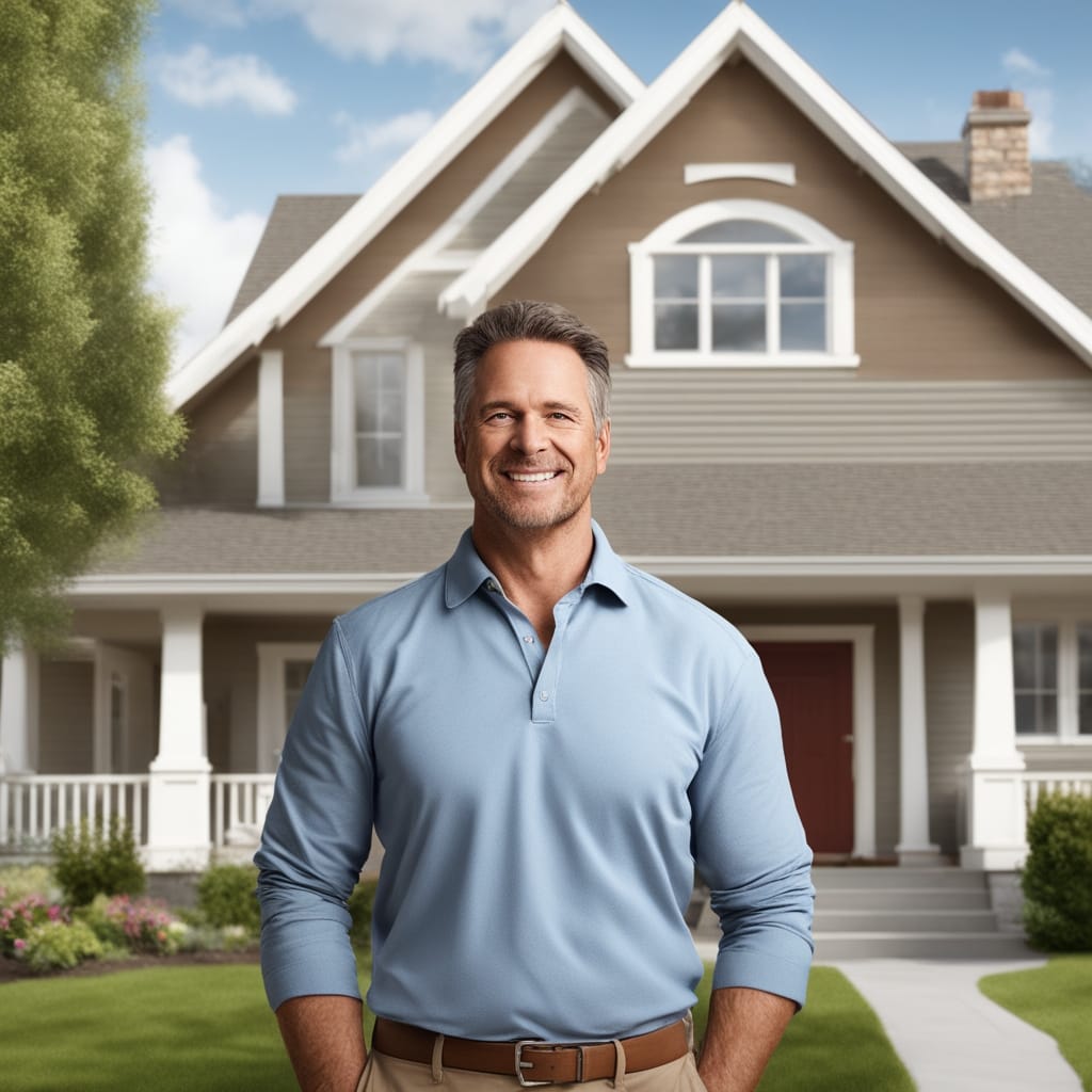 An image of a happy customer standing in front of a distressed house from Granite Utah.