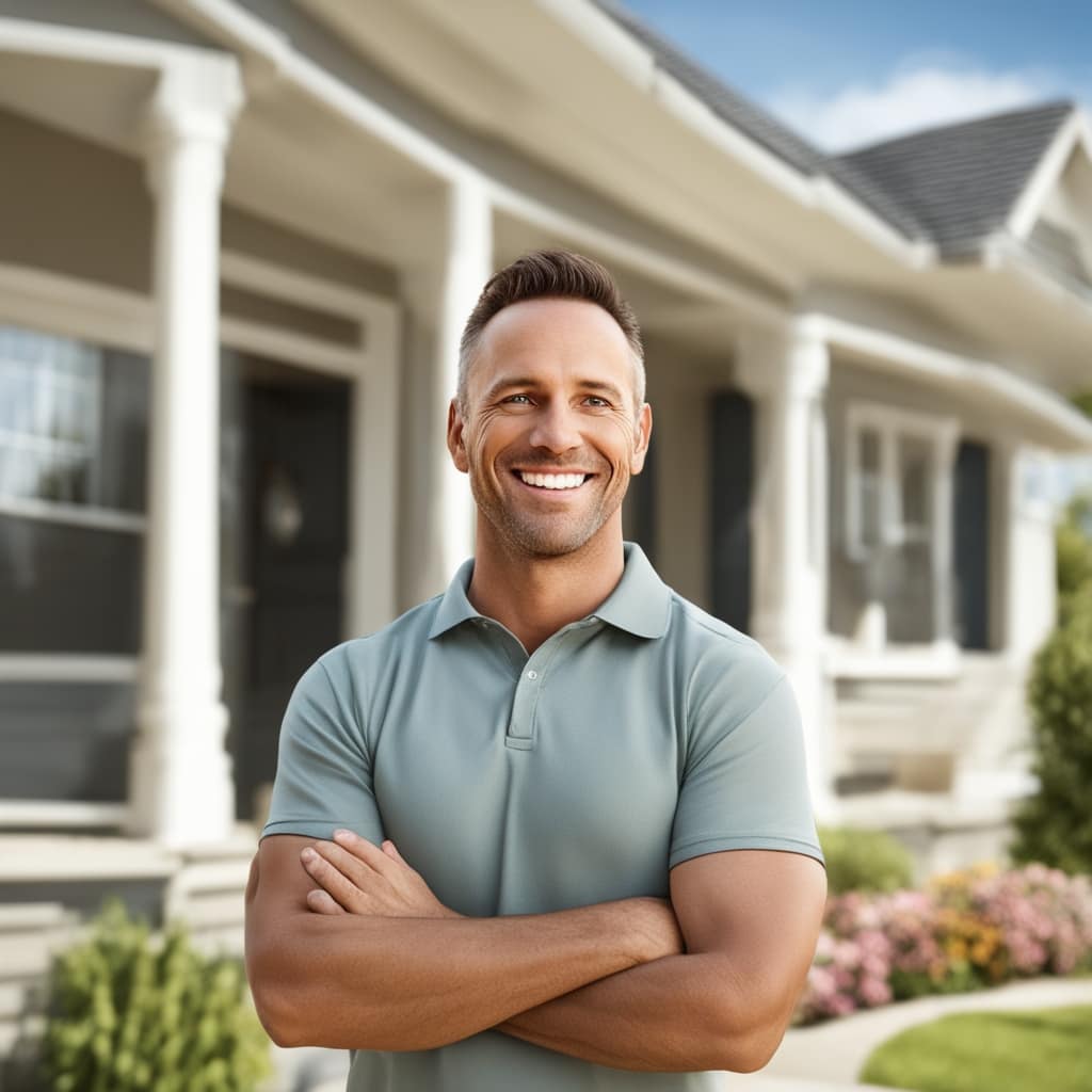 An image of a happy customer standing in front of a distressed house from Kearns Utah.