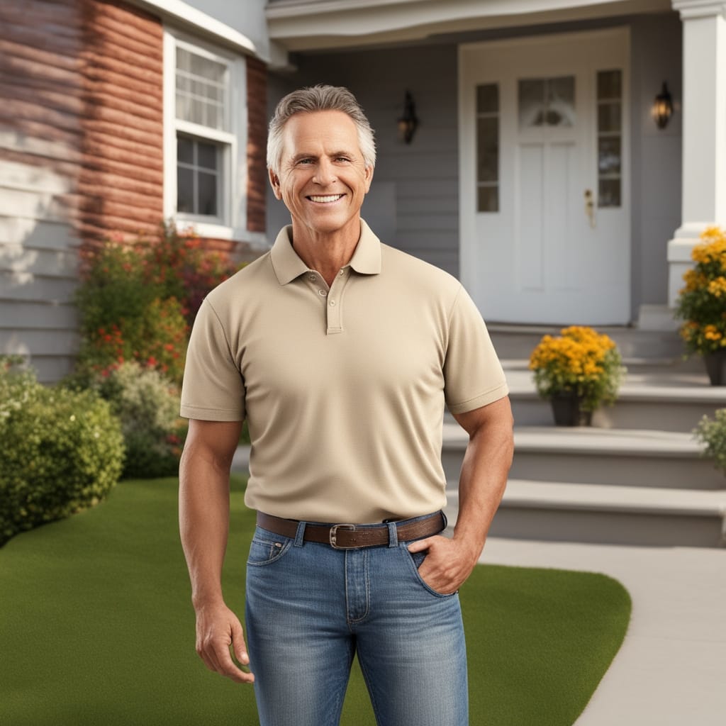 An image of a happy customer standing in front of a distressed house from Magna Utah.