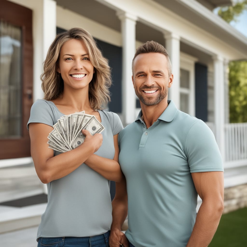 An image of a happy customer standing in front of a distressed house from Midvale Utah.