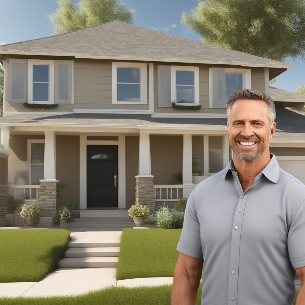 An image of a happy customer standing in front of a distressed house from Millcreek Utah.