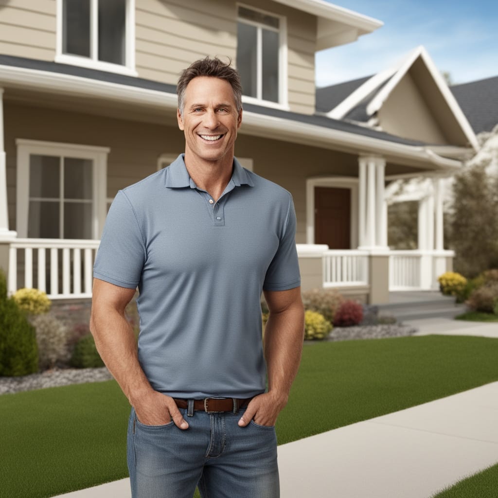 An image of a happy customer standing in front of a distressed house from Murray Utah.