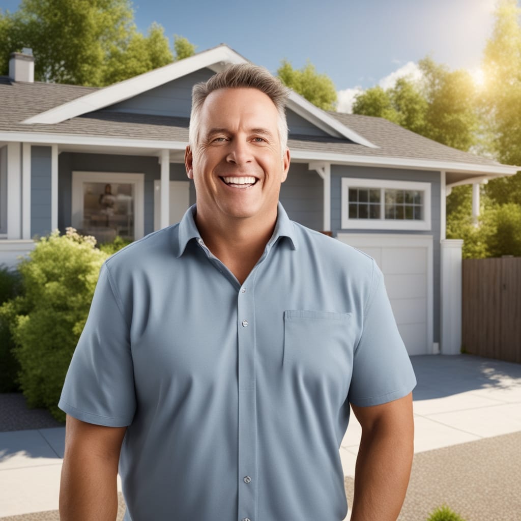 An image of a happy customer standing in front of a distressed house from Parley's Canyon Utah.