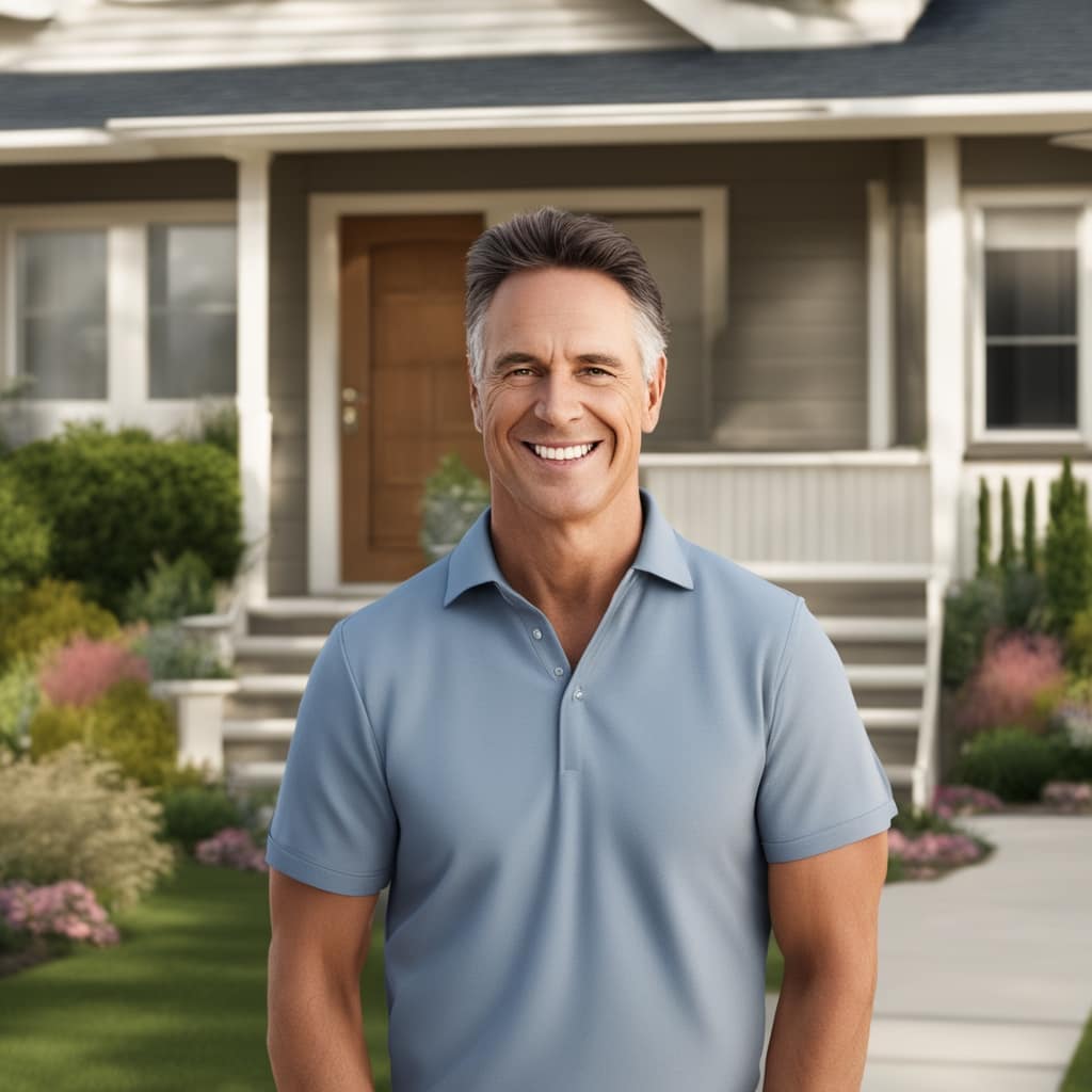 An image of a happy customer standing in front of a distressed house from Sugarhouse Utah.
