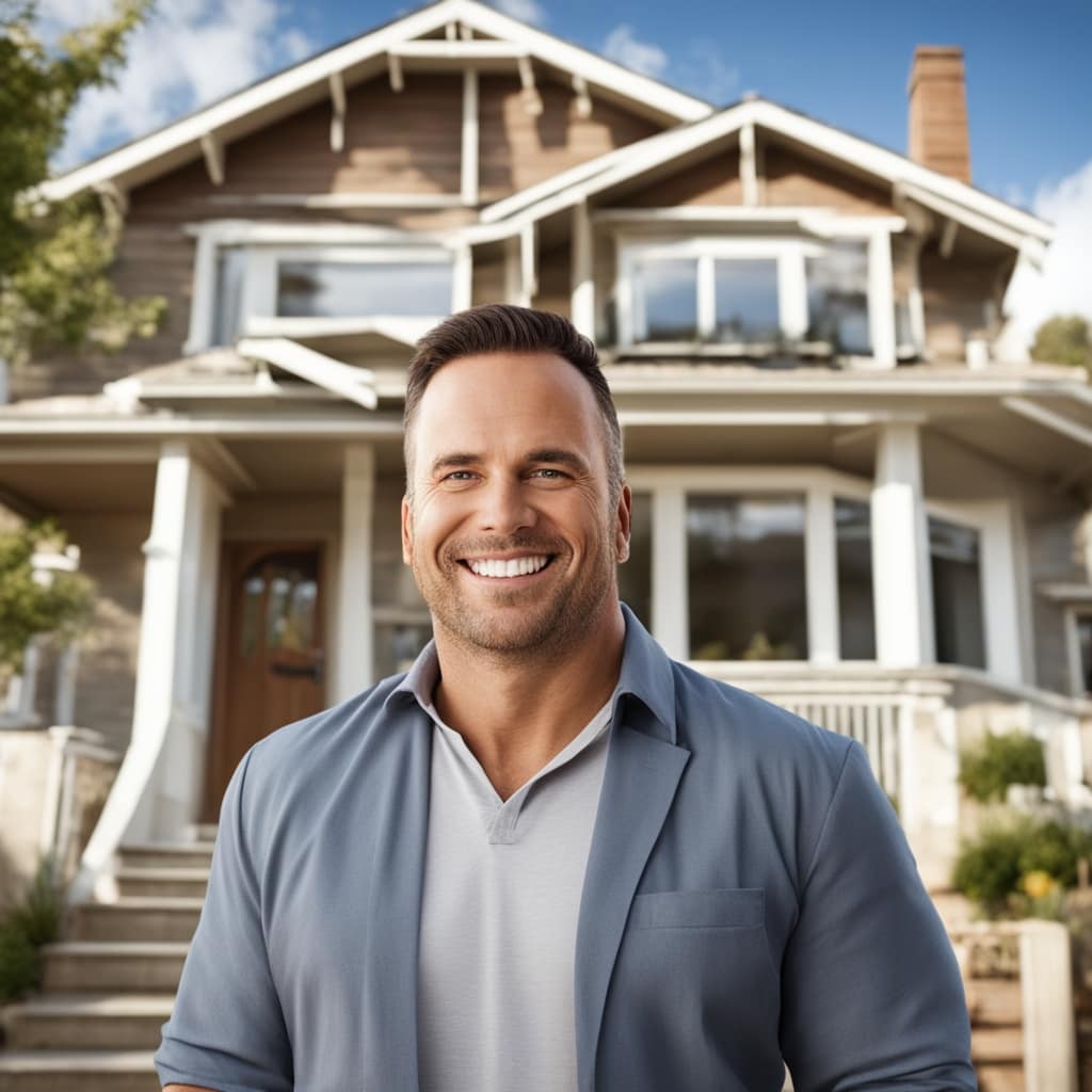 An image of a happy customer standing in front of a distressed house from West Valley City Utah.