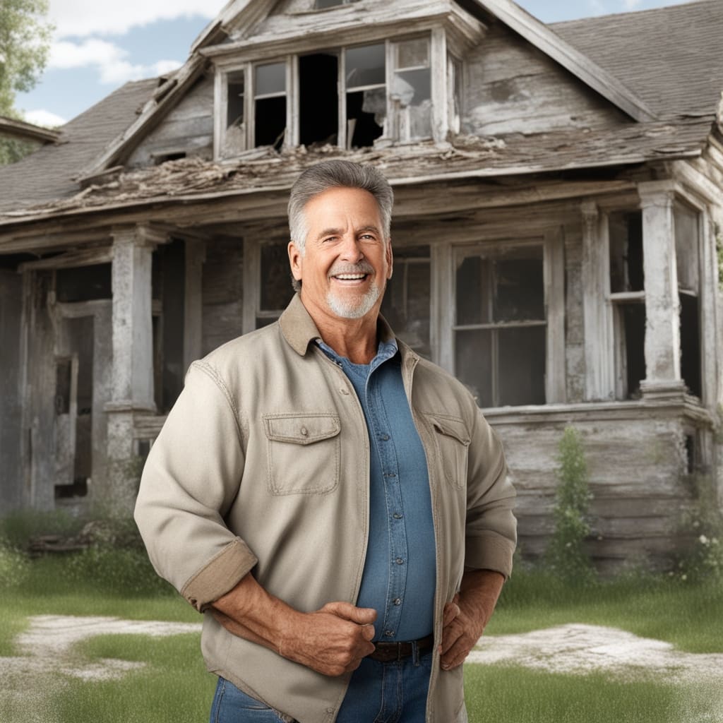 An image of a happy customer standing in front of a distressed house from White City Utah.